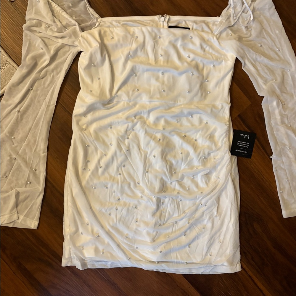 Lulu's Ivory Off-Shoulder Dress with Pearl Accents